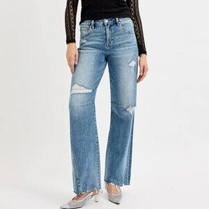 RISEN Full Size Mid Rise Fit Wide Baggy Leg Tie Washed Jeans Plus Size